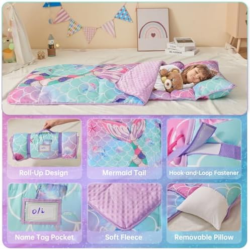 Nap Mats for Daycare Preschool Nap Mat for Toddlers Girls Kids Sleeping Bag with Pillow and Blanket Roll Up Sleeping Mat Foldable Mat for Camping Travel Kindergarten, Mermaid Tail - Image 3