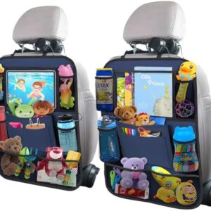 Car Backseat Organizer with 11" Table Holder, 10 Storage Pockets Seat Back Protectors Kick Mats for Kids Toddlers, Travel Accessories, 2 Pack, Blue