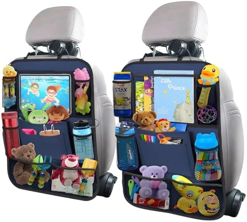 Car Backseat Organizer with 11" Table Holder, 10 Storage Pockets Seat Back Protectors Kick Mats for Kids Toddlers, Travel Accessories, 2 Pack, Blue