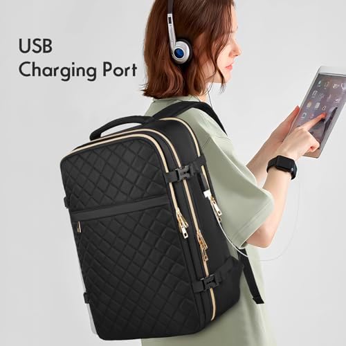 MOMUVO Large Travel Backpack Women, Flight Approved Carry On Backpack, Water Resistant Anti-Theft Casual Daypack School Bag Fit 17 Inch Laptop with USB Charging Port, Black - Image 5