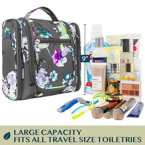 PAVILIA Toiletry Bag Travel Bag for Women Men, Hanging Cosmetic Organizer, Water Resistant Makeup Bag for Accessories Toiletries, Large Travel Essentials Kit (Floral Grey) - Image 4