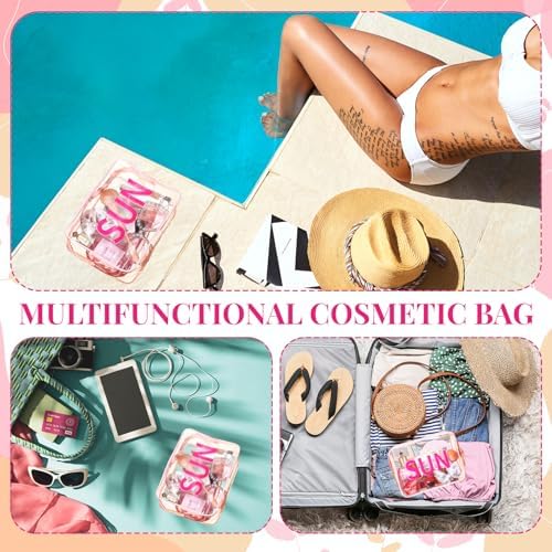 Clear Makeup Bag 9.4"x7"x3.5" Pink Travel Toiletry Bag Large Cosmetic Pouch PVC Waterproof Transparent Zippered Organizer for Women Girl Summer Beach (Sun) - Image 3