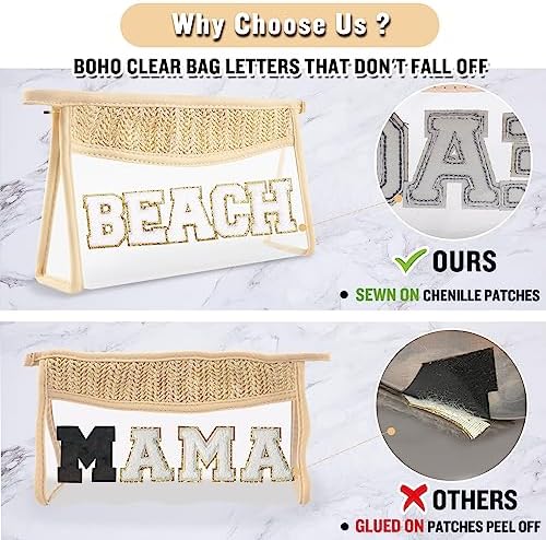 2 Pcs Boho Straw Clear Makeup Letter Bag BEACH Pouch, Sunscreen Bags for Beach Travel Small Cute Chenille Letter SPF Bag Pouch,Waterproof Beach Toiletry Sun Bag Best Beach Accessories for Women(BEACH) - Image 5