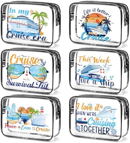 6PC Clear Cruise Makeup Bags Gifts for Women, Clear Beach Cosmetic Bag Cruise Ship Survival Kit Essentials, Travel PVC Waterproof Toiletry Bags for Girls Sister Daughter Nurse Teacher