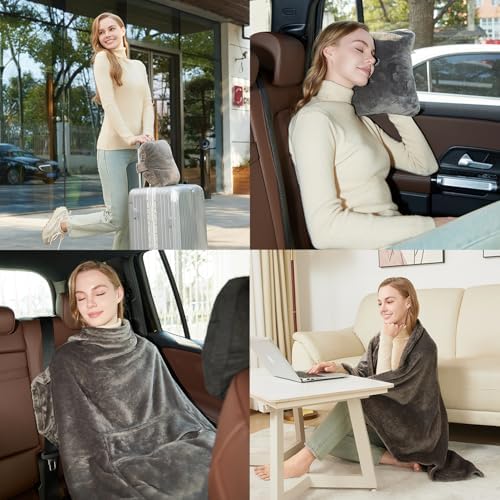 Travel Blanket Pillow, Premium 2 in 1 Flannel Airplane Blanket Compact for Travel,Office, Home,Travel Essentials Accessories for Plane and Car,Compact Office Blanket (Gray) - Image 6