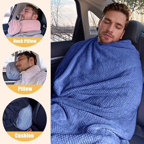 Travel Blanket Airplane Compact with Bag, Lightweight & Packable 2 in 1 Airplane Blanket or Travel Pillow, Travel Essentials for Women Men & Kids, Navy - Image 3