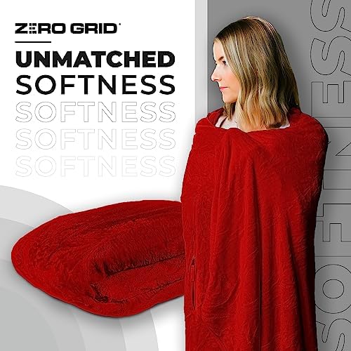 Lightweight Travel Blanket - Premium & Compact Airplane Wearable Blanket with Neck Snaps, Cozy Foot Pockets, Zipper Pouch - Converts into Soft Pillow - Designed for Ultimate Comfort - Scarlet - Image 3