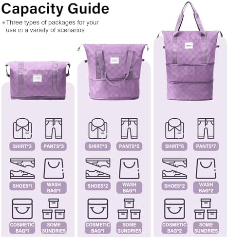 WOOMADA Expandable Foldable Rolling Duffel Bag with Wheels, Detachable Rolling Backpack Weekend Bag for Travel, Gift for Parents, Spouse(Lavender Checkerboard) - Image 3