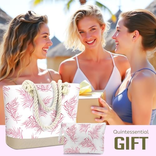 BELLOWDEER Beach Bags for Women, Wet Bag Cosmetic Bag, Pool Waterproof Shoulder Tote Bags, Pocket Zipper Summer Travel Essentials, Gifts for Women Birthday - Pink Palm Leaves (2-Piece Set) - Image 6