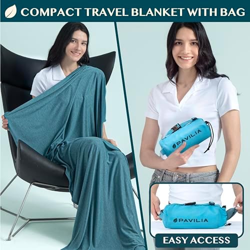 PAVILIA Travel Blanket Airplane Compact with Bag, Soft Packable Plane Blanket Kids Adults, Portable Camping Flight Essentials, Travelers Gifts Accessories, Luggage Backpack Strap, 65x40 Teal Blue - Image 2