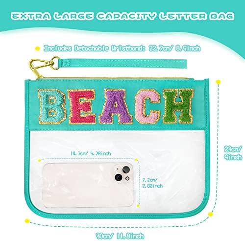 Chenille Letter Clear Travel Zipper Pouch Nylon Makeup Bag, Preppy Makeup Bag Clear Cosmetic Toiletry Bag, Water-proof Makeup Travel Pouch Snack Bags for Women (Mint Green-Beach) - Image 2