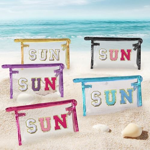 COSHAYSOO Clear Makeup Bag Sunscreen Pouch Summer Things Accessories Waterproof Beach Pool Essentials Stuff Air Cruise Travel Toiletry Gifts for Women Teenage Girls with Chenille Letter Pink SUN - Image 6