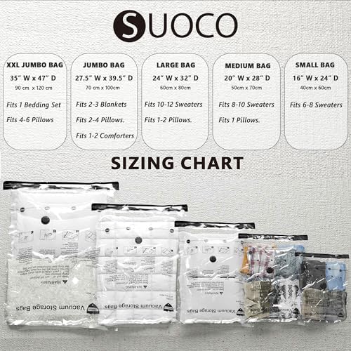 SUOCO 14 Combo Vacuum Storage Bags with Electric Pump, (4 Jumbo, 4 Large, 3 Medium, 3 Small) Travel Clothes Space Saver Bags, Compression Airtight Seal Bags for Clothing, Pillows, Comforters, Blankets - Image 2