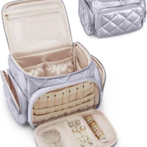 BAGSMART Large Makeup Bag with Jewelry Organizer, Travel Toiletry Bag with Multi-compartments, Toiletry Bags Cosmetic Bags for Women, for Travel-Size Toiletries Accessories (Silver)