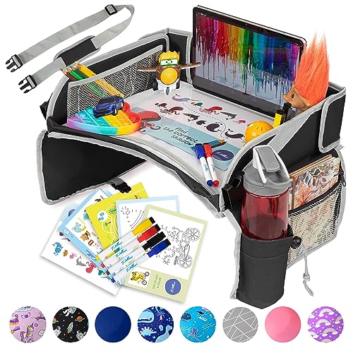 PILLANI Kids Travel Tray for Car - Car Seat Tray for Kids Travel, Road Trip Essentials - Carseat Table for Roadtrip Activities - Must Have Toddler Lap Desk Organizer for Airplane - Car Accessories