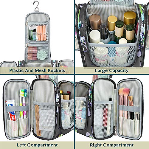 PAVILIA Toiletry Bag Travel Bag for Women Men, Hanging Cosmetic Organizer, Water Resistant Makeup Bag for Accessories Toiletries, Large Travel Essentials Kit (Floral Grey) - Image 6