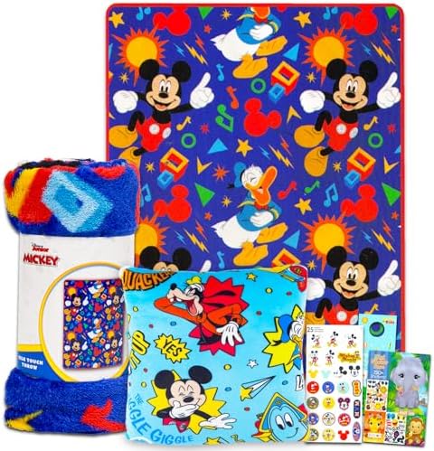Mickey Mouse Travel Blanket and Pillow Set - Bundle with Mickey Mouse Blanket, Travel Pillow, Stickers, More | Mickey Travel Accessories for Kids