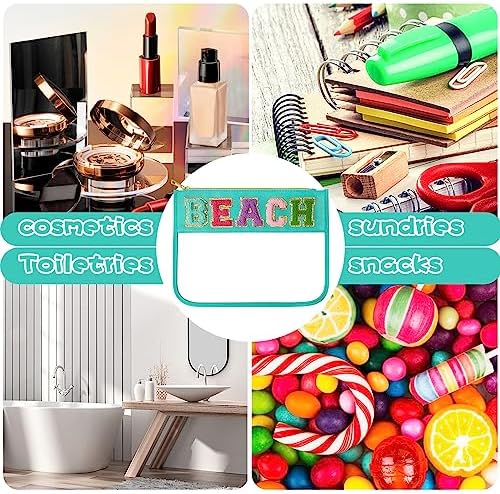 Chenille Letter Clear Travel Zipper Pouch Nylon Makeup Bag, Preppy Makeup Bag Clear Cosmetic Toiletry Bag, Water-proof Makeup Travel Pouch Snack Bags for Women (Mint Green-Beach) - Image 8