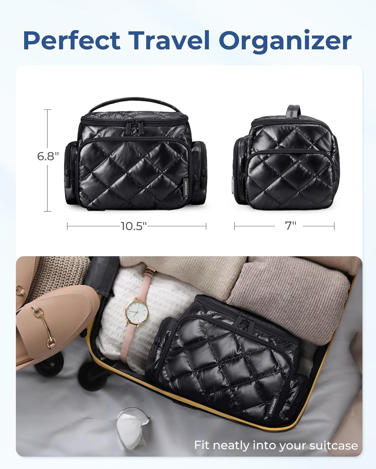BAGSMART Large Makeup Bag with Jewelry Organizer, Travel Toiletry Bag with Multi-compartments, Toiletry Bags Cosmetic Bags for Women, for Travel-Size Toiletries Accessories (Silver) - Image 7