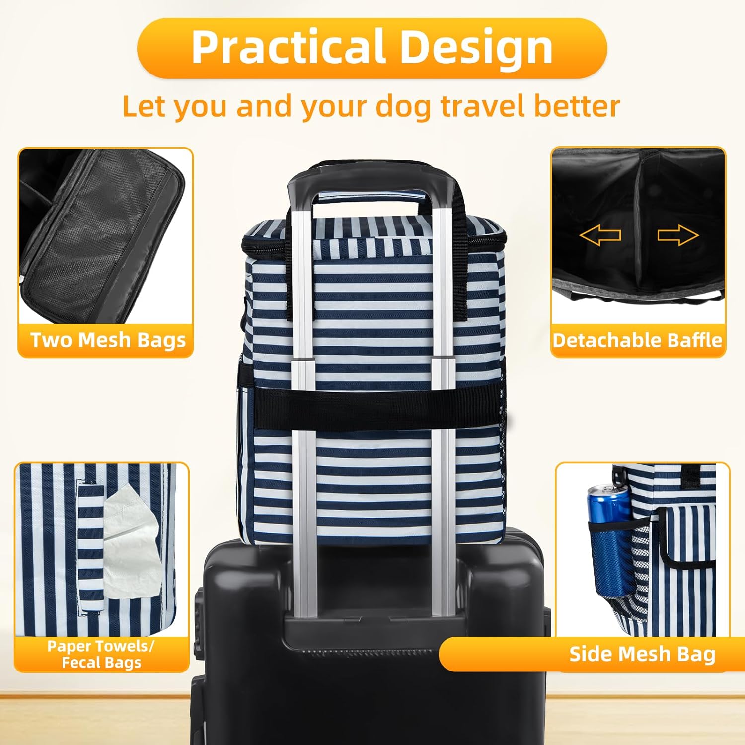 Dog Travel Bag for Camping - Pet Travel Accessories with 2 Collapsible Bowls, 2 Food Containers & Waterproof Feeding Mat - Portable Dog Carrier, Stripe (Small) - Image 3
