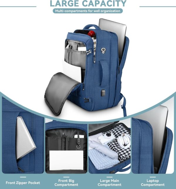 50L Expandable Large Travel Laptop Backpack for Men With Packing Cubes, Carry On Backpack Flight Approved Travel Essentials, Expandable Laptop Bag Weekender Gym Daypack Traveling Backpack, Blue - Image 5