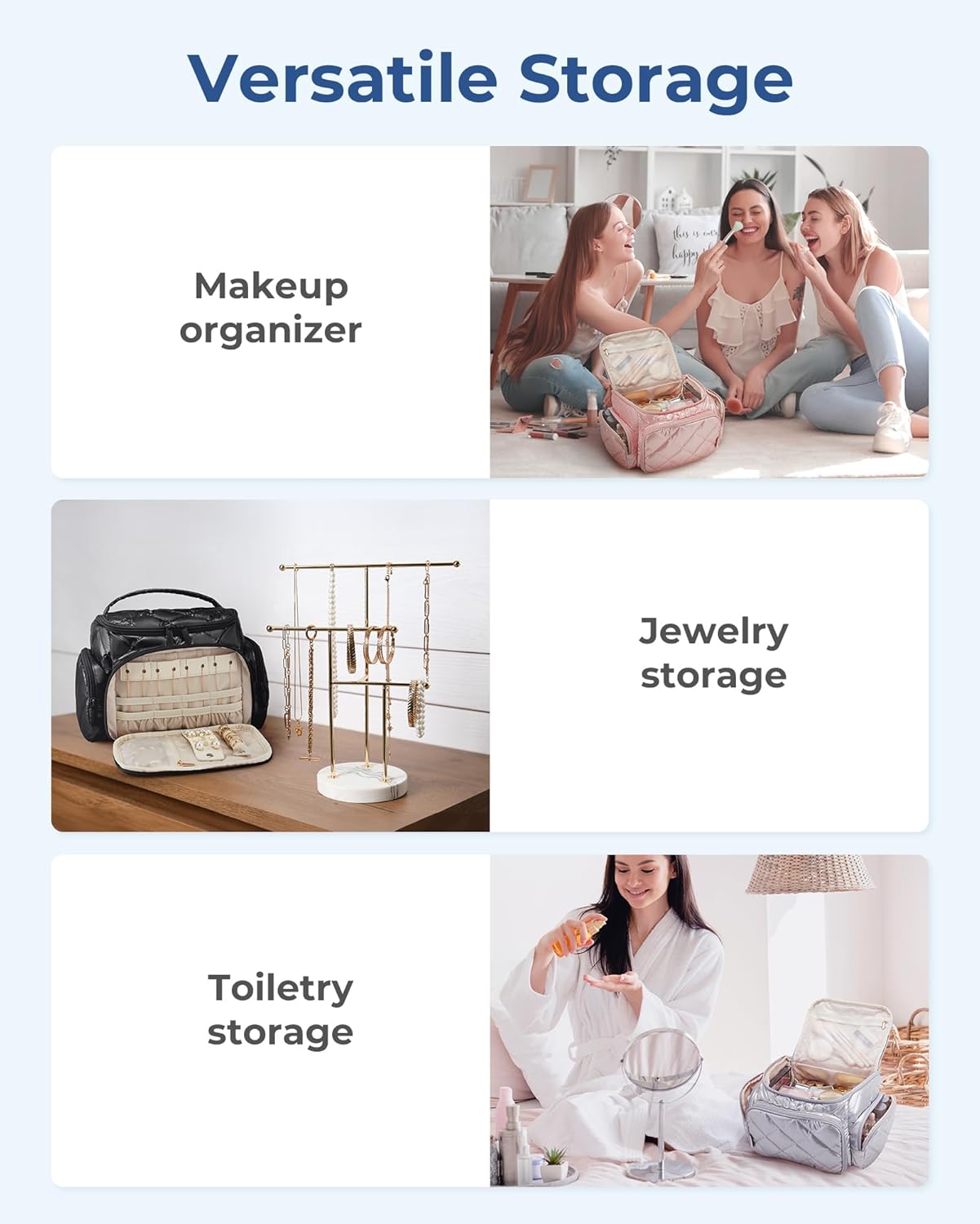 BAGSMART Large Makeup Bag with Jewelry Organizer, Travel Toiletry Bag with Multi-compartments, Toiletry Bags Cosmetic Bags for Women, for Travel-Size Toiletries Accessories (Silver) - Image 4