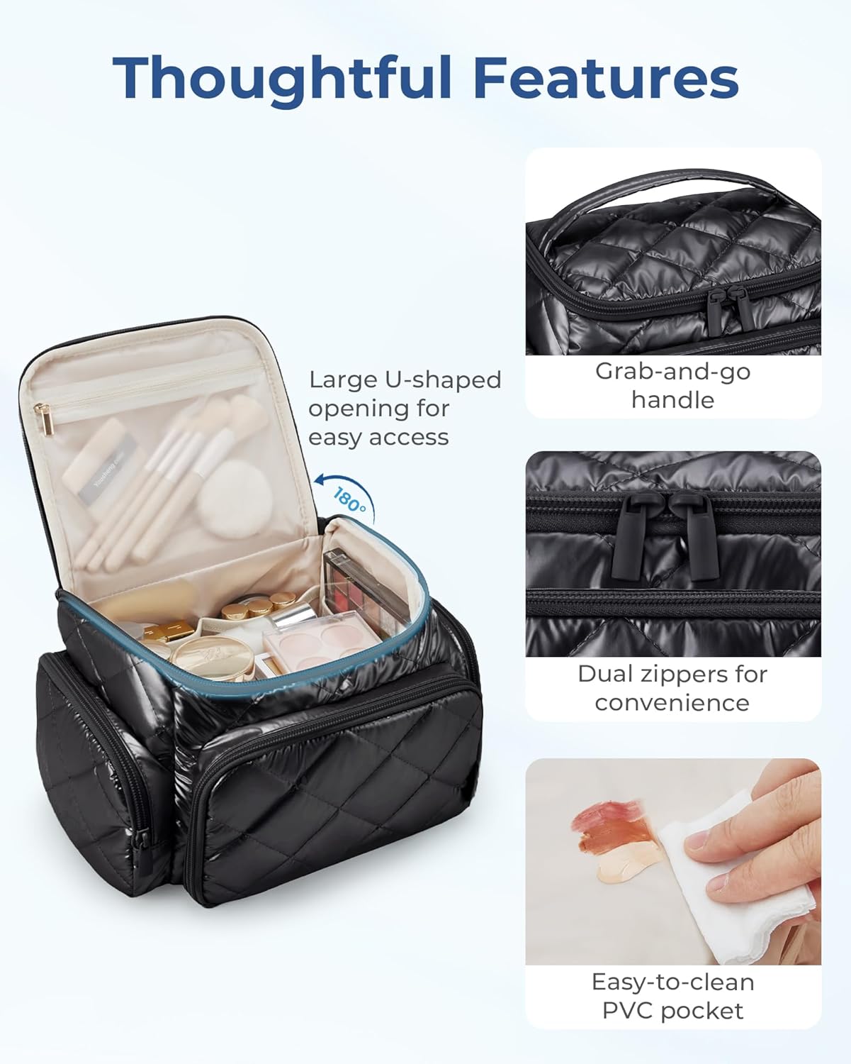 BAGSMART Large Makeup Bag with Jewelry Organizer, Travel Toiletry Bag with Multi-compartments, Toiletry Bags Cosmetic Bags for Women, for Travel-Size Toiletries Accessories (Silver) - Image 6