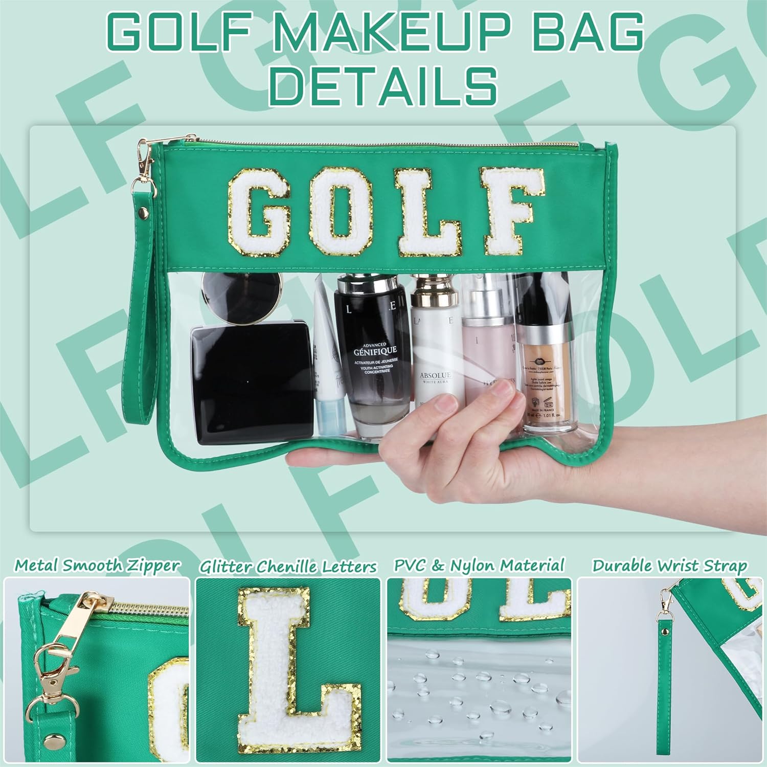 2 Pcs Golf Gifts Cosmetic Makeup Bag with Chenille Letter Patch, Clear Pouch PVC Organizer Purse, Waterproof Travel Bag, Portable Toiletry Storage Bag for Her Girls Friends Women - Image 3