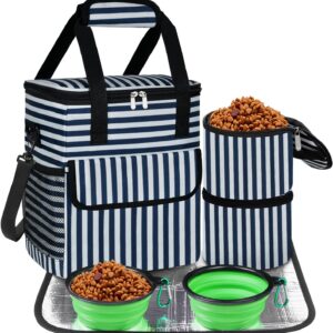 Dog Travel Bag for Camping - Pet Travel Accessories with 2 Collapsible Bowls, 2 Food Containers & Waterproof Feeding Mat - Portable Dog Carrier, Stripe (Small)