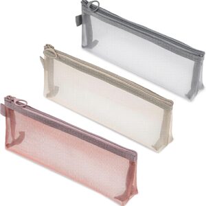 3 Pcs Mesh Makeup Bag, Reusable Pencil Pouch Makeup Brush Pouch Mesh Zipper Pouches Diaper Bag Organizing Pouches for Purse Travel Toiletry Home Office Travel Accessories (Pink, Gray, Khaki)