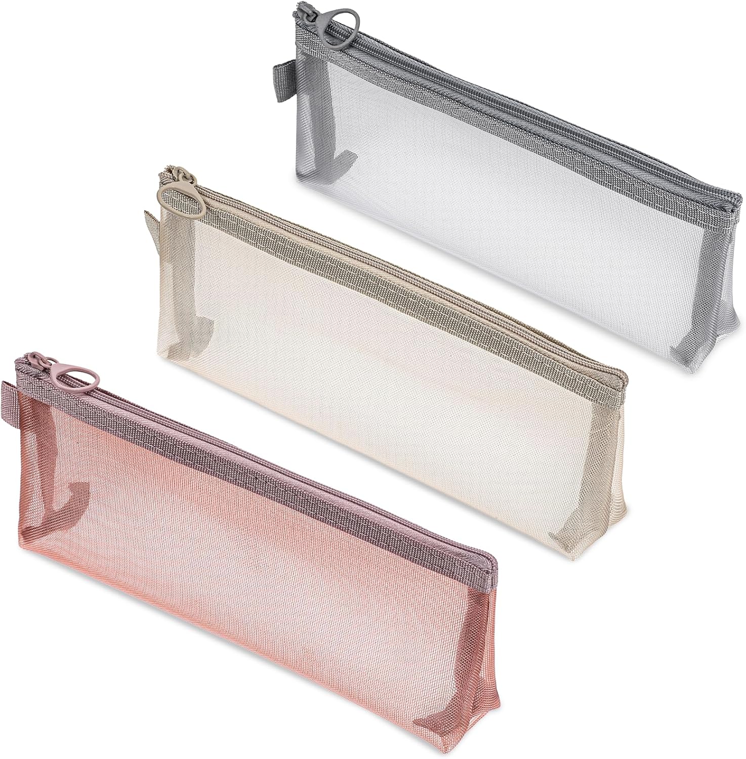 3 Pcs Mesh Makeup Bag, Reusable Pencil Pouch Makeup Brush Pouch Mesh Zipper Pouches Diaper Bag Organizing Pouches for Purse Travel Toiletry Home Office Travel Accessories (Pink, Gray, Khaki)