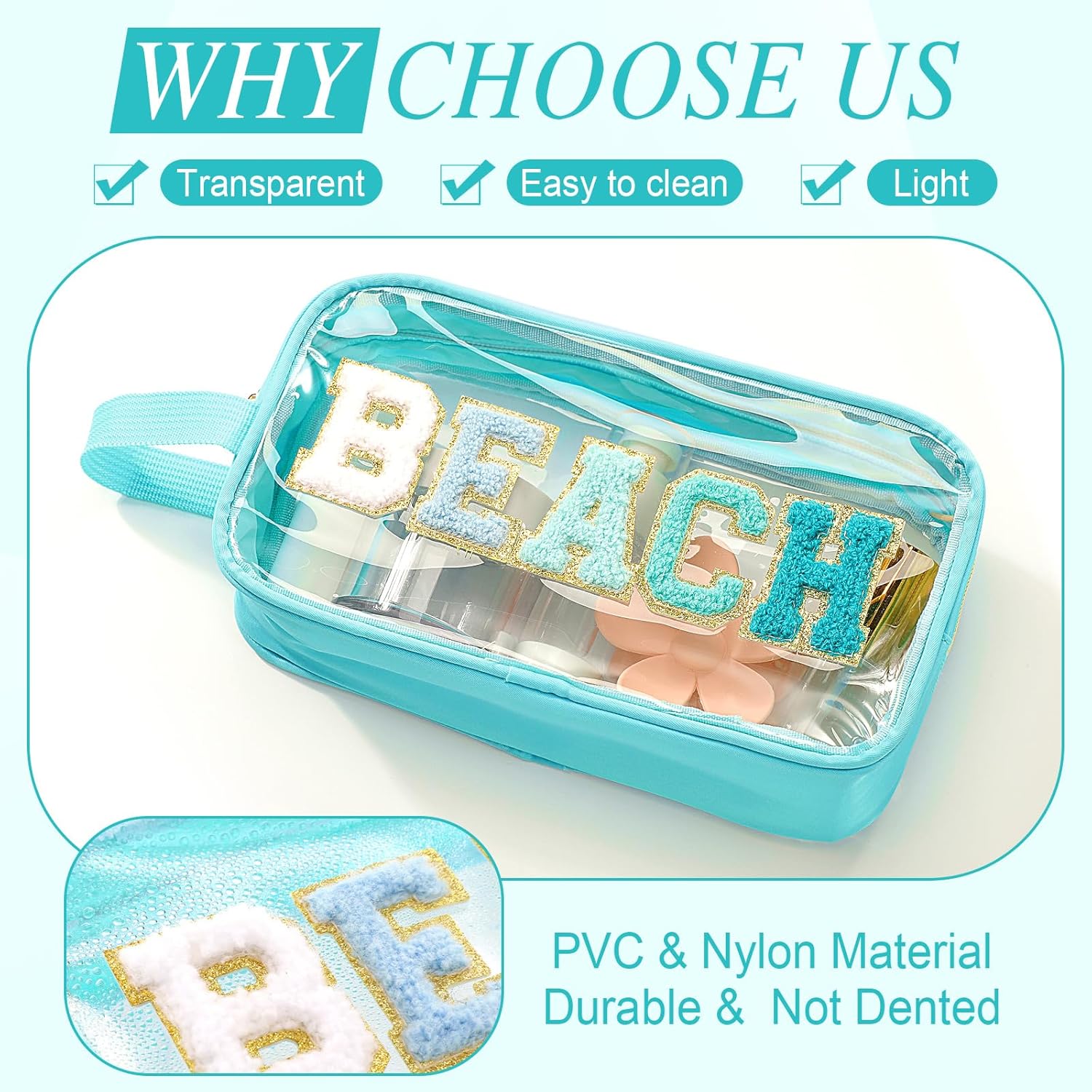 Kacctyen Clear Beach Swim Spf Makeup Bag Preppy Chenille Letter Cosmetics Nylon Toiletry Waterproof Monogram Makeup Travel Pouch Snack Bags for Women (Teal,Beach) - Image 3