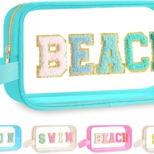 Kacctyen Clear Beach Swim Spf Makeup Bag Preppy Chenille Letter Cosmetics Nylon Toiletry Waterproof Monogram Makeup Travel Pouch Snack Bags for Women (Teal,Beach)