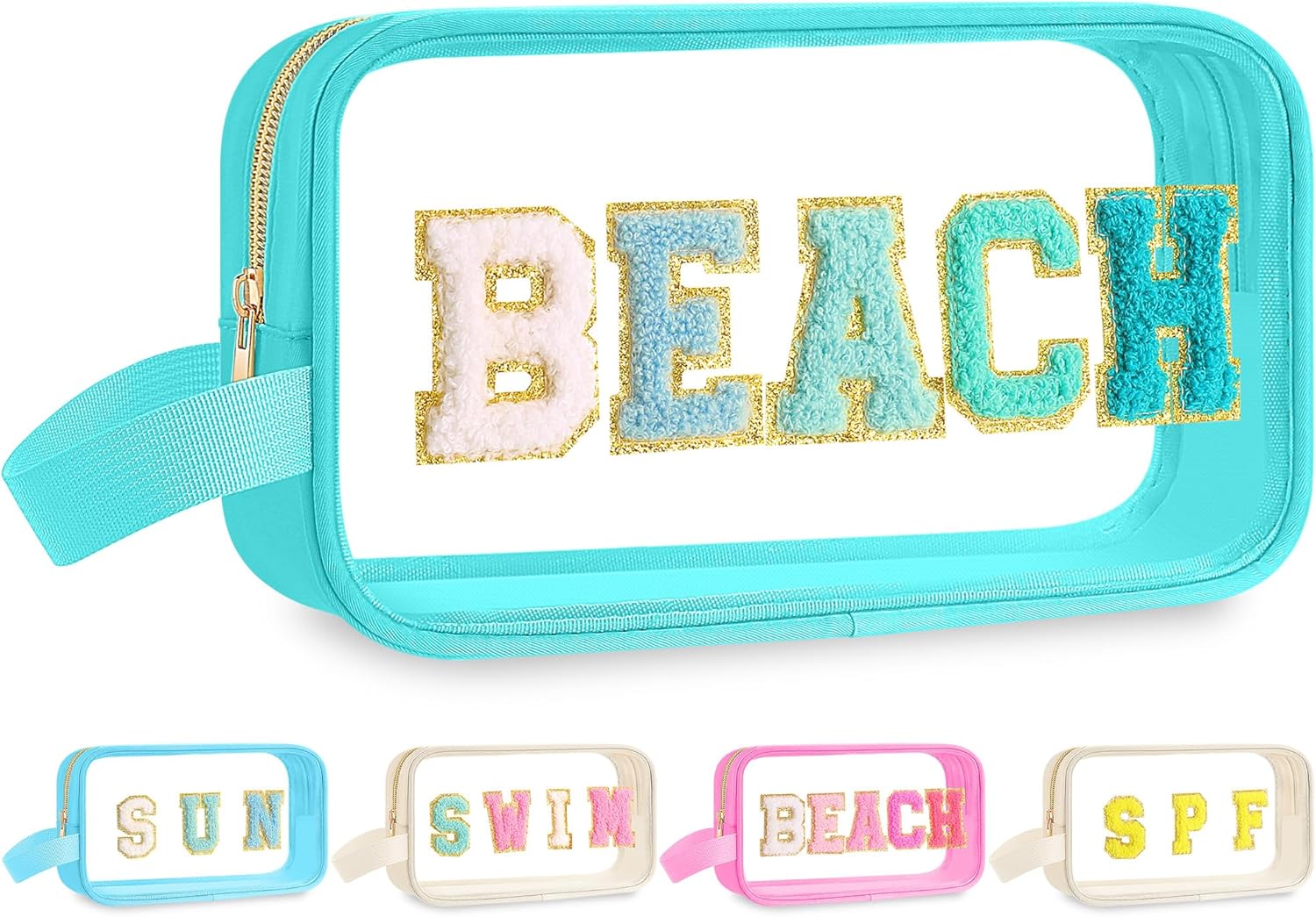 Kacctyen Clear Beach Swim Spf Makeup Bag Preppy Chenille Letter Cosmetics Nylon Toiletry Waterproof Monogram Makeup Travel Pouch Snack Bags for Women (Teal,Beach)