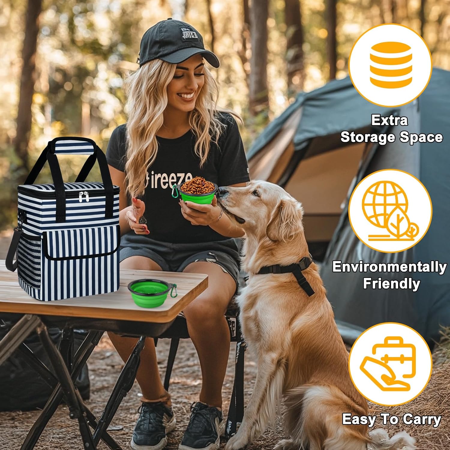 Dog Travel Bag for Camping - Pet Travel Accessories with 2 Collapsible Bowls, 2 Food Containers & Waterproof Feeding Mat - Portable Dog Carrier, Stripe (Small) - Image 7