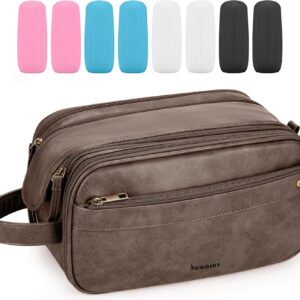 Travel Toiletry Bag for Men, Large Hanging Toiletries Organizer Bags, Cruise Ship Essentials, Water-resistant Shaving Case, PU Leather Makeup Accessories, Cosmetic Dopp Kit, Dark Brown