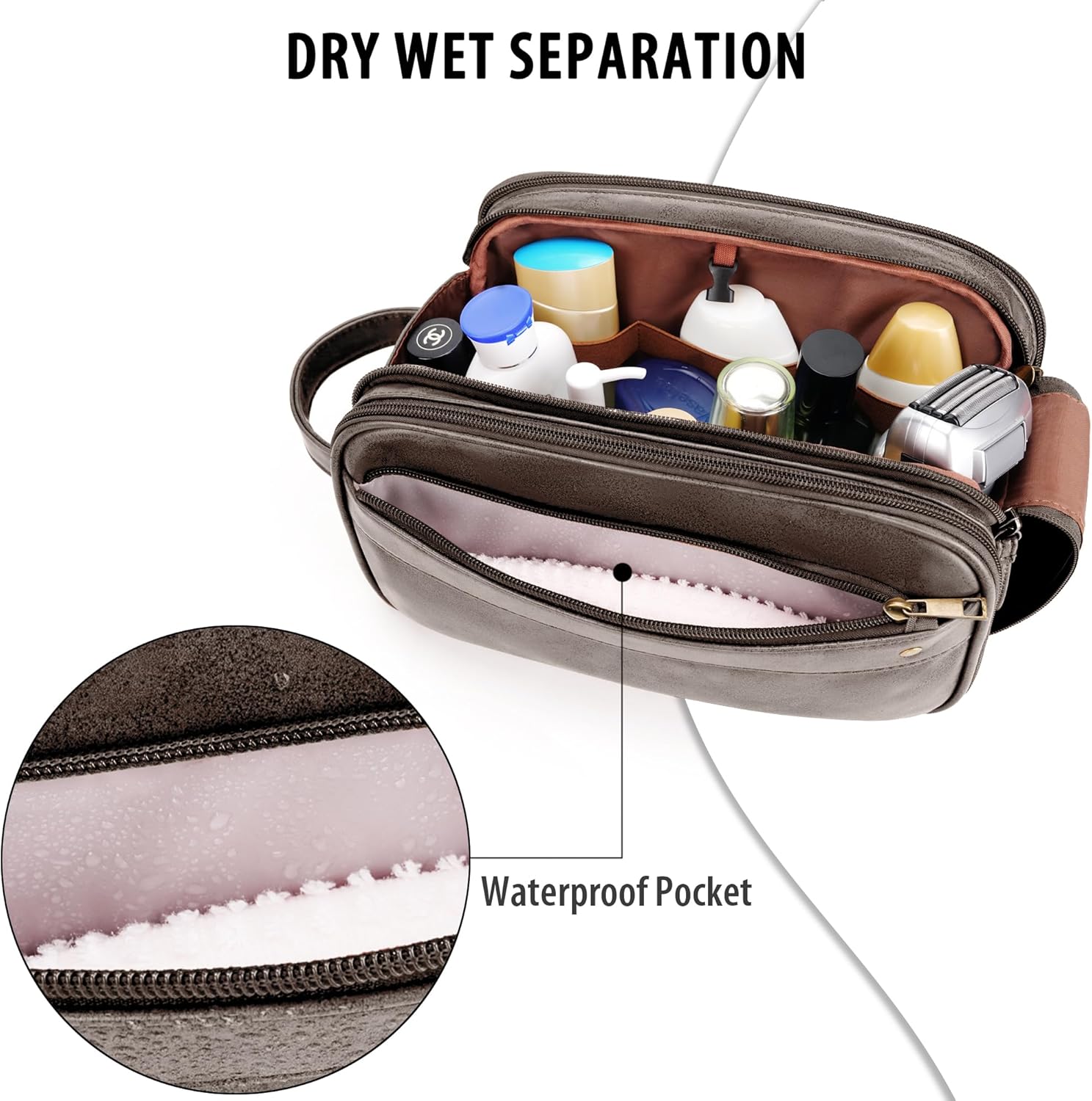 Travel Toiletry Bag for Men, Large Hanging Toiletries Organizer Bags, Cruise Ship Essentials, Water-resistant Shaving Case, PU Leather Makeup Accessories, Cosmetic Dopp Kit, Dark Brown - Image 4