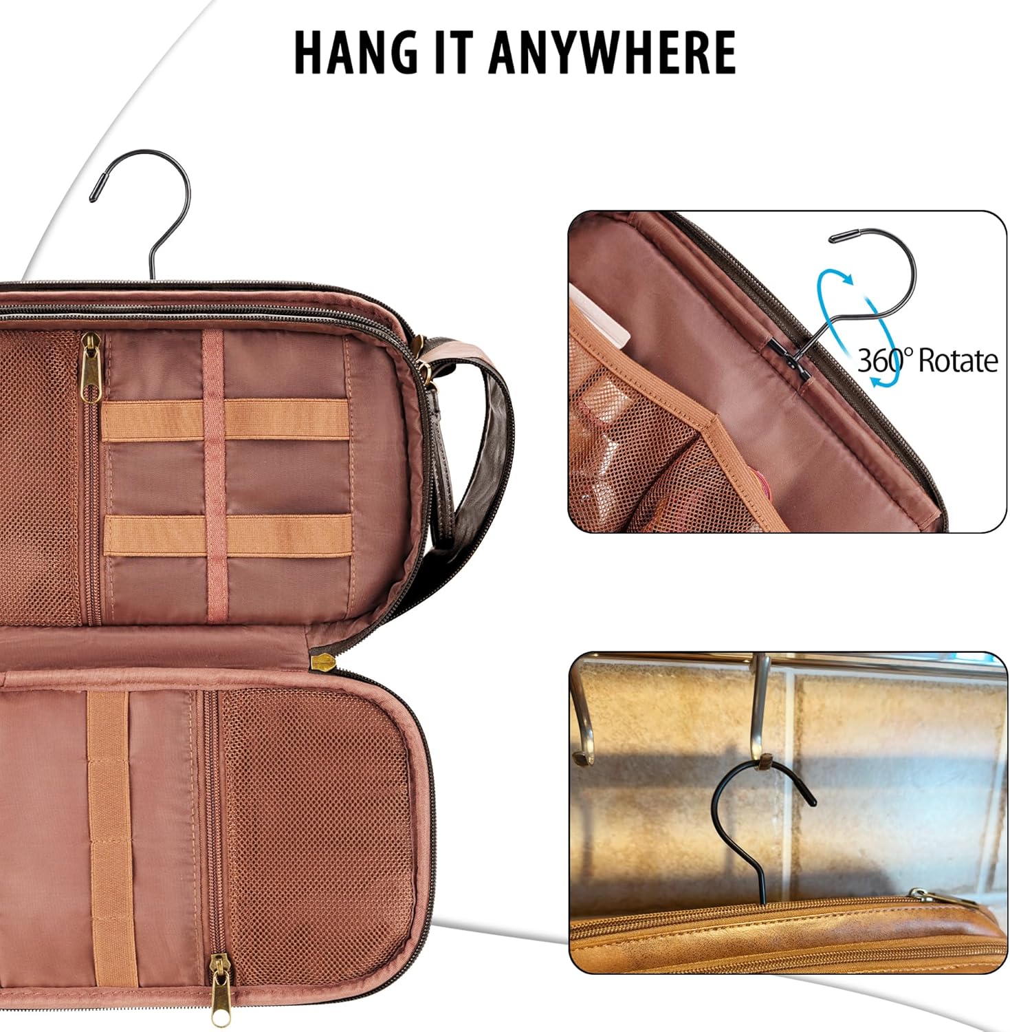 Travel Toiletry Bag for Men, Large Hanging Toiletries Organizer Bags, Cruise Ship Essentials, Water-resistant Shaving Case, PU Leather Makeup Accessories, Cosmetic Dopp Kit, Dark Brown - Image 2