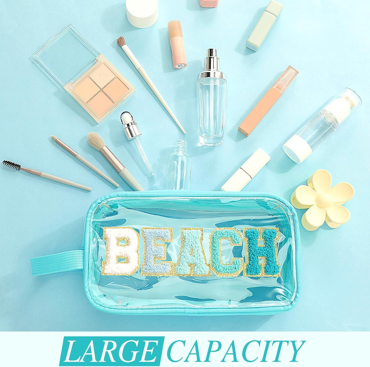 Kacctyen Clear Beach Swim Spf Makeup Bag Preppy Chenille Letter Cosmetics Nylon Toiletry Waterproof Monogram Makeup Travel Pouch Snack Bags for Women (Teal,Beach) - Image 4