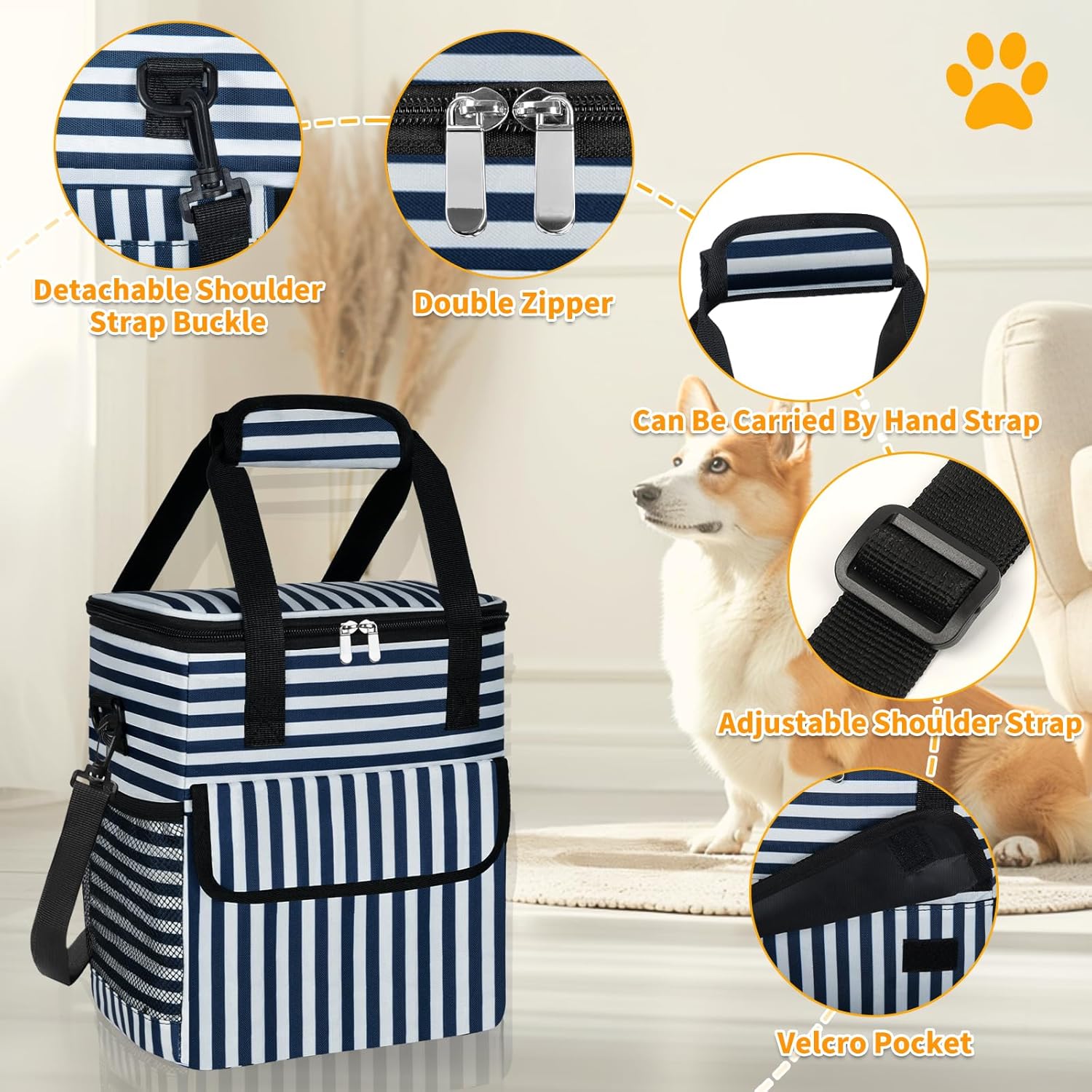 Dog Travel Bag for Camping - Pet Travel Accessories with 2 Collapsible Bowls, 2 Food Containers & Waterproof Feeding Mat - Portable Dog Carrier, Stripe (Small) - Image 4