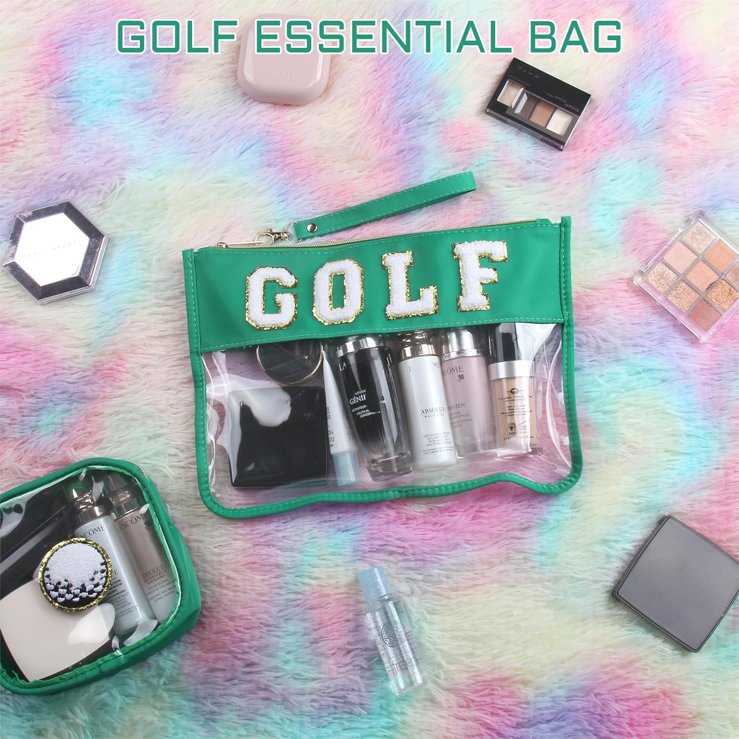 2 Pcs Golf Gifts Cosmetic Makeup Bag with Chenille Letter Patch, Clear Pouch PVC Organizer Purse, Waterproof Travel Bag, Portable Toiletry Storage Bag for Her Girls Friends Women - Image 6