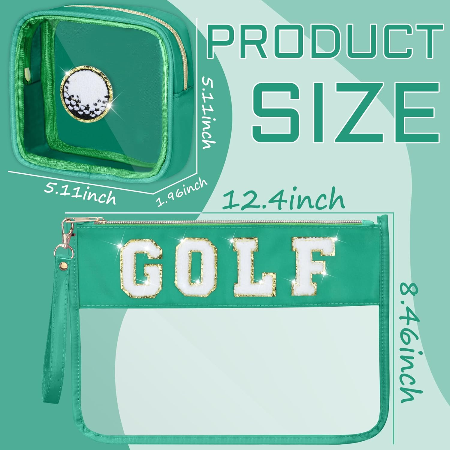 2 Pcs Golf Gifts Cosmetic Makeup Bag with Chenille Letter Patch, Clear Pouch PVC Organizer Purse, Waterproof Travel Bag, Portable Toiletry Storage Bag for Her Girls Friends Women - Image 2