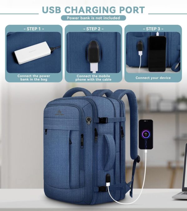 50L Expandable Large Travel Laptop Backpack for Men With Packing Cubes, Carry On Backpack Flight Approved Travel Essentials, Expandable Laptop Bag Weekender Gym Daypack Traveling Backpack, Blue - Image 3