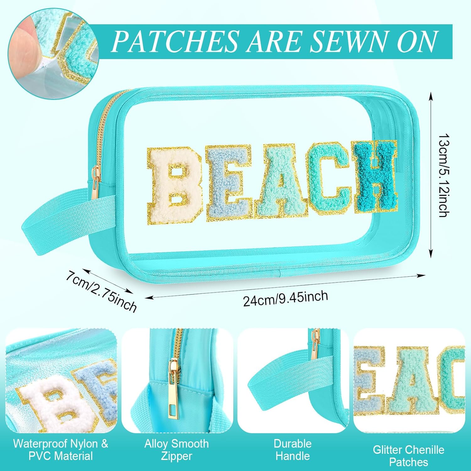 Kacctyen Clear Beach Swim Spf Makeup Bag Preppy Chenille Letter Cosmetics Nylon Toiletry Waterproof Monogram Makeup Travel Pouch Snack Bags for Women (Teal,Beach) - Image 2