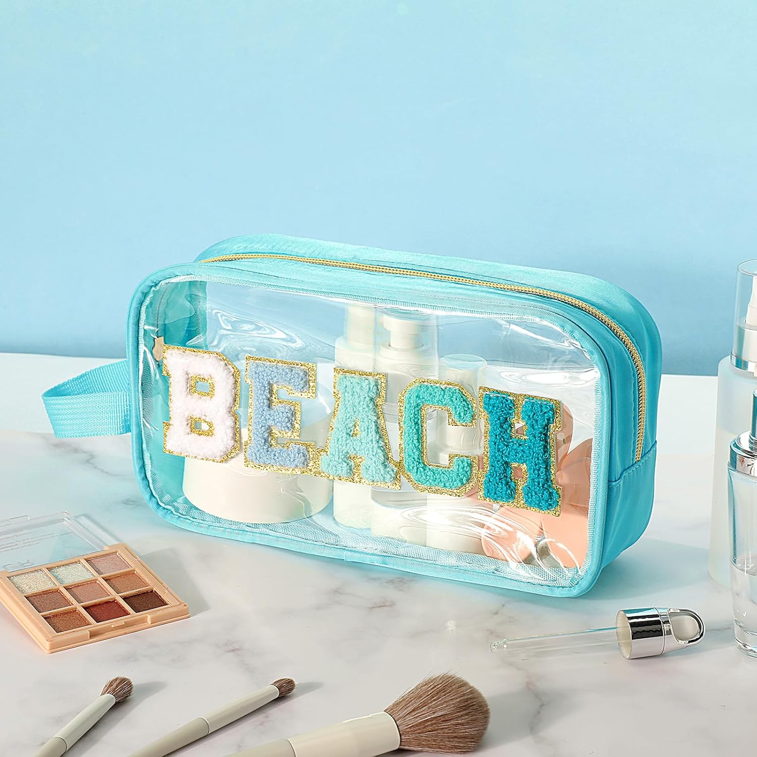 Kacctyen Clear Beach Swim Spf Makeup Bag Preppy Chenille Letter Cosmetics Nylon Toiletry Waterproof Monogram Makeup Travel Pouch Snack Bags for Women (Teal,Beach) - Image 5