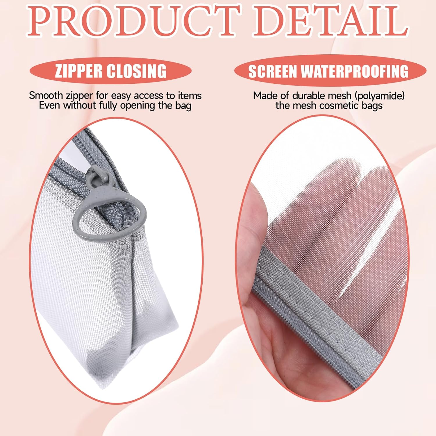 3 Pcs Mesh Makeup Bag, Reusable Pencil Pouch Makeup Brush Pouch Mesh Zipper Pouches Diaper Bag Organizing Pouches for Purse Travel Toiletry Home Office Travel Accessories (Pink, Gray, Khaki) - Image 6