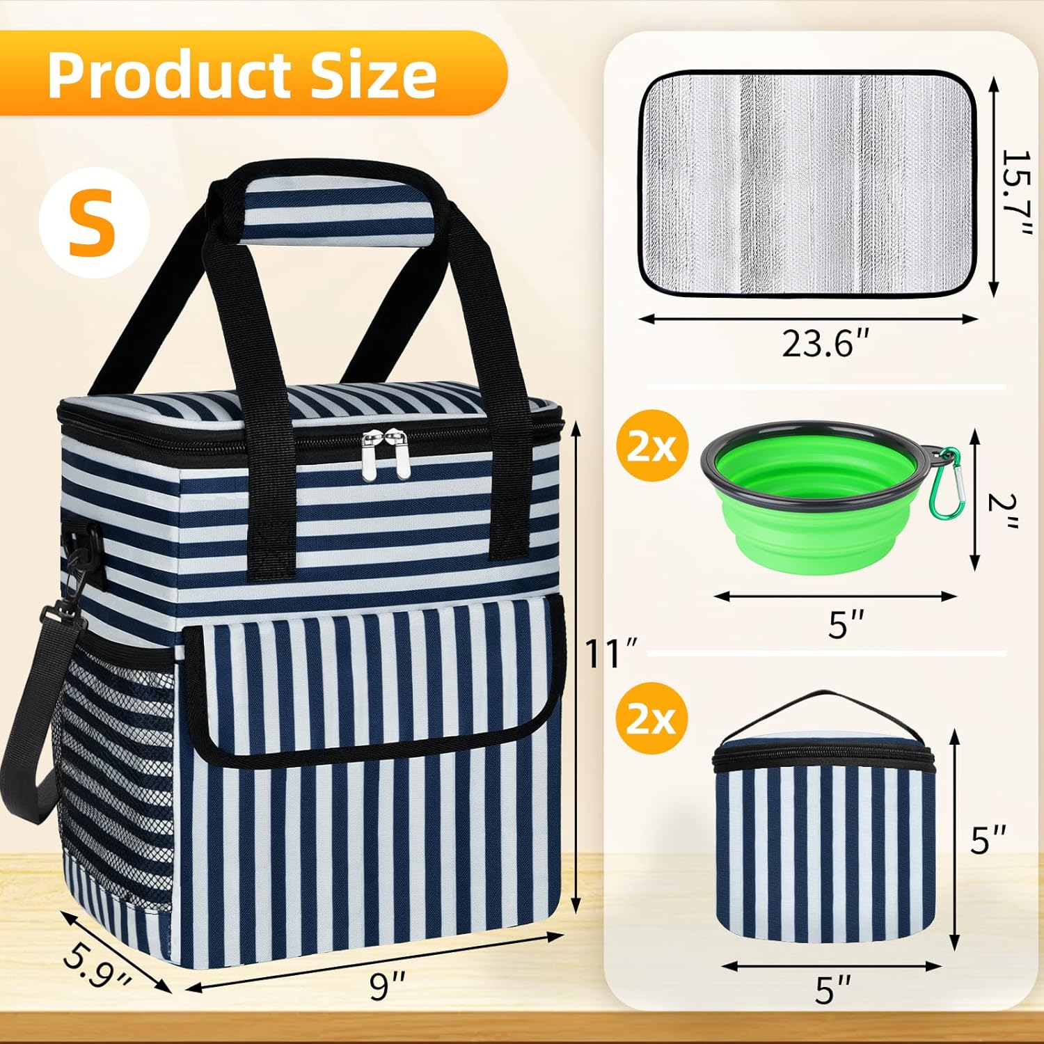 Dog Travel Bag for Camping - Pet Travel Accessories with 2 Collapsible Bowls, 2 Food Containers & Waterproof Feeding Mat - Portable Dog Carrier, Stripe (Small) - Image 2