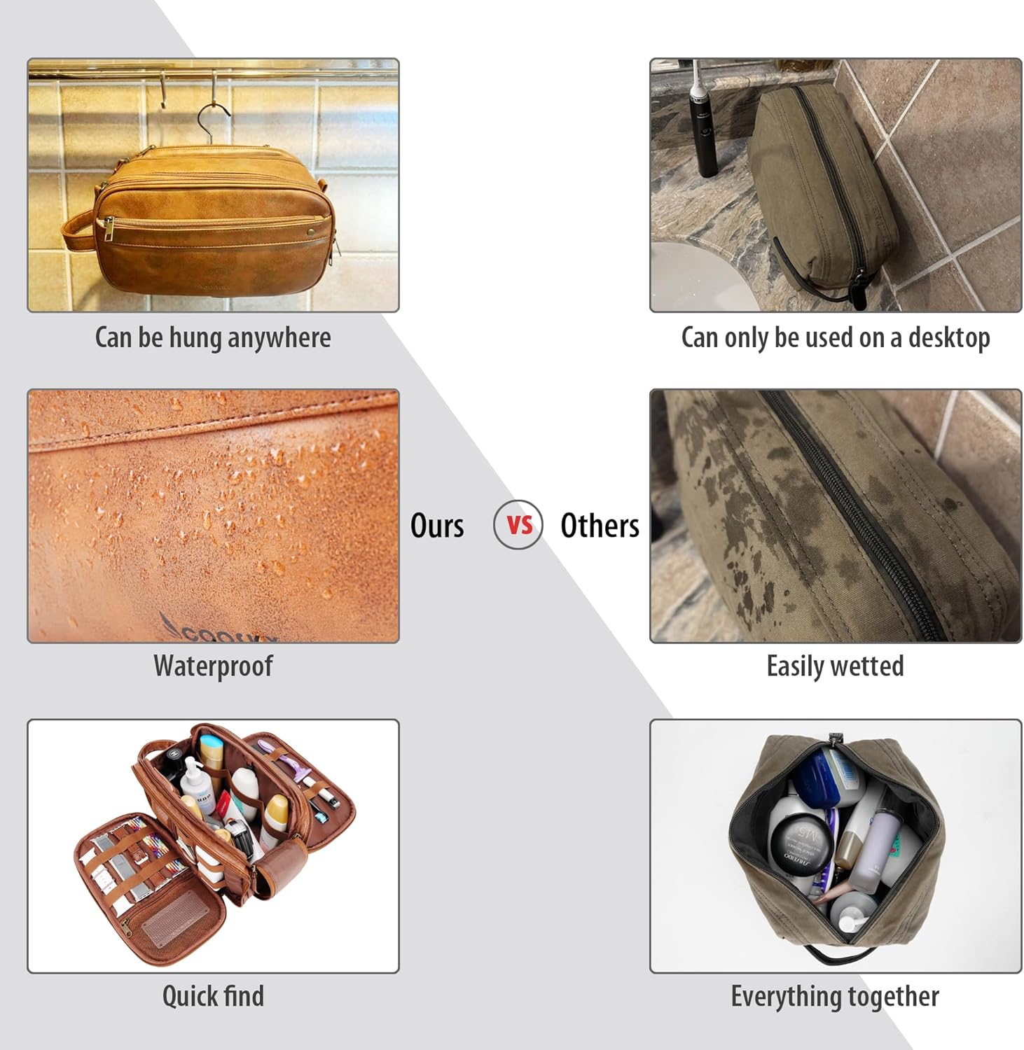 Travel Toiletry Bag for Men, Large Hanging Toiletries Organizer Bags, Cruise Ship Essentials, Water-resistant Shaving Case, PU Leather Makeup Accessories, Cosmetic Dopp Kit, Dark Brown - Image 8