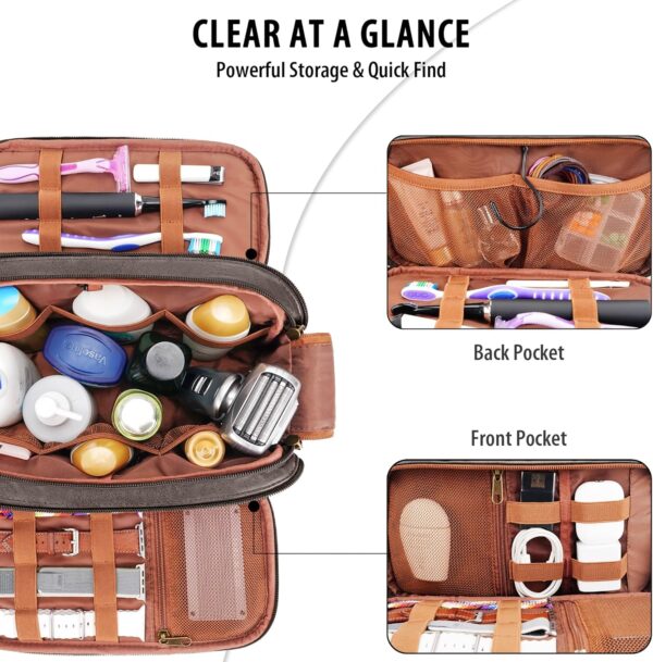 Travel Toiletry Bag for Men, Large Hanging Toiletries Organizer Bags, Cruise Ship Essentials, Water-resistant Shaving Case, PU Leather Makeup Accessories, Cosmetic Dopp Kit, Dark Brown - Image 3