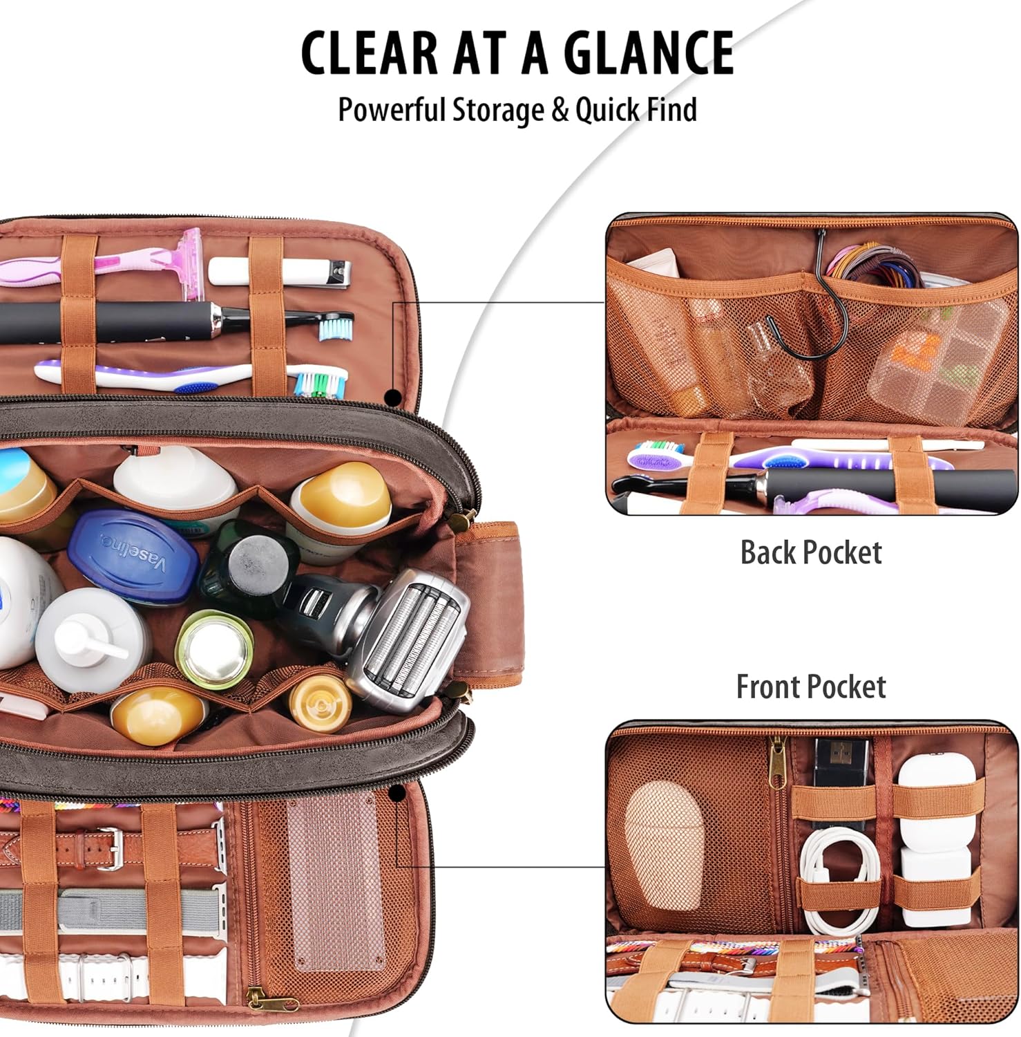 Travel Toiletry Bag for Men, Large Hanging Toiletries Organizer Bags, Cruise Ship Essentials, Water-resistant Shaving Case, PU Leather Makeup Accessories, Cosmetic Dopp Kit, Dark Brown - Image 3
